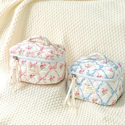 Sminra Makeup Bag Large Travel Quilted Cosmetic Makeup Bag Organizer, Floral Cotton Coquette Aesthetic Toiletry Bag for Women Girls (Pink Bow Flowers-L) thumbnail 5