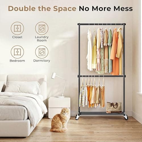 JIEJIERUI Double Rod Clothes Rack, 35" Wide Rolling Rack for Clothes, Portable Clothing Racks for Hanging Clothes, Metal Garment Racks with Wheels for Bedroom Laundry, Black thumbnail 7
