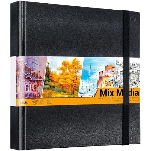 Mix Media Pad Ohuhu Square 8.3"x8.3" Mixed Media Art Sketchbook 120 LB/200 GSM Heavyweight Papers 78 Sheets/156 Pages PU Hardcover Mixed Media Paper Pad for Artist Drawing Book Sketching Pad - Image 1