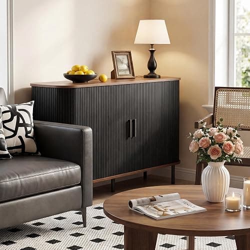 BonVache Sideboard Cabinet, Buffet Storage Cabinet, Kitchen Cupboard with Tambour Sliding Door, Storage Unit for Living Room Home Dinning Room Modern,Black thumbnail 7