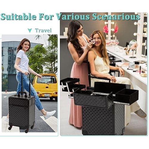 AROUS Rolling Makeup Train Case, Large Storage Cosmetic Trolley 4 Tray with 360° Swivel Wheels Keys, Large Storage Traveling Cart Trunk, Cosmetic Train Cases for Nail Technicians Hairstylist, Black thumbnail 4