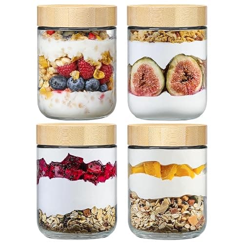 NETANY 4-pack 16oz Glass jars with Airtight Lids, Overnight Oats Containers with Bamboo Lids, Wide mouth Mason Salad jars, Glass Food Storage Containers for Snacks Yogurt Spice Sugar - Image 1