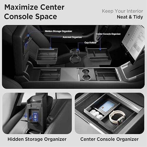 TSLDRV Center Console Organizer Tray for Tesla Model Y Juniper Accessories 2025 2026/For Tesla Model 3 Highland Accessories 2024 2025 2026 [Slide Smoothly/US Patent] Cup Holder Matte Black thumbnail 2