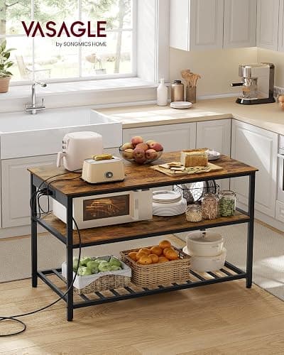 VASAGLE Kitchen Island with 3 Shelves, 47.2 Inches Width Kitchen Shelf with Power Strip, Large Worktop, Stable Steel Structure, Industrial, Easy to Assemble, Rustic Brown and Black UKKI101K01 thumbnail 2