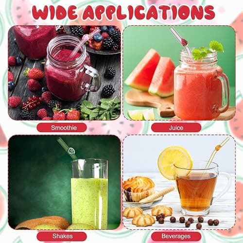 6 Pcs Glass Straws with Design Reusable Cute Fruit Drinking Straws 7.9in x 8mm Colorful Party Favors Decorations with 2 Cleaning Brushes for Summer Beach Birthday(Bent) thumbnail 5