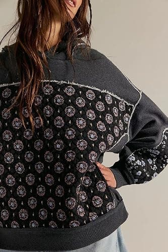 Women’s Oversized Charcoal Hoodie - Quilted Embellished Patchwork Sweatshirt Casual Vintage Style Pullover thumbnail 4