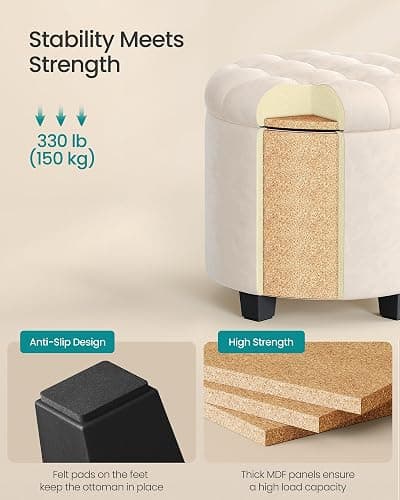 SONGMICS Round Ottoman, Ottoman with Storage, 17.7 x 17.7 x 17.5 Inches, Foot Rest with Legs, Velvet, Load up to 330 lb, for Living Room, Bedroom, Cream White ULOM012W01 thumbnail 4