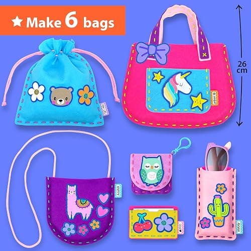 KRAFUN My First Sewing Bag Kit Arts & Crafts for Beginner Kids, 6 Easy DIY Sewing Handbag Pouch Sleeve Projects of Animal Theme, Instructions Learn to Sew & Felt Embroidery, Gift for Girls & Boys thumbnail 3