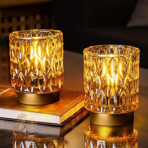 Battery Operated Table Lamps Timer, Mini Crystal Lamp for Area No Plug, Cordless Lamp with LED Bulb for Power Outage, Decorative Lamps for Tabletop/Corner/Entryway/Stairway/Bathroom/Fireplace(2*AMBER) - Image 1