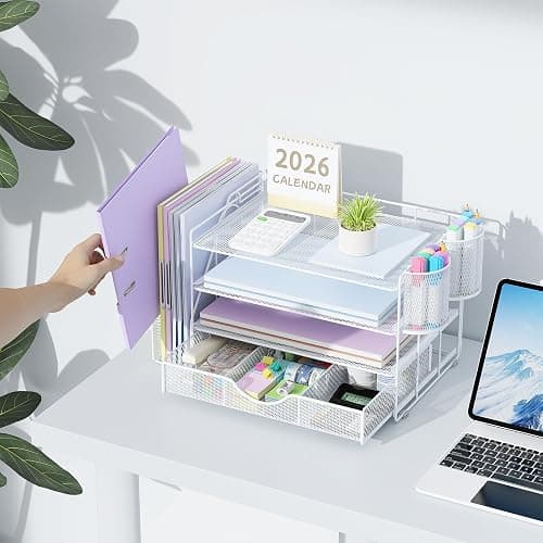 gianotter Desk Organizers and Accessories with File Holder, 4-Tier Desk Accessories & Workspace Organizers with Drawer and 2 Pen Holder, Paper Organizer for Office Supplies (White) thumbnail 2
