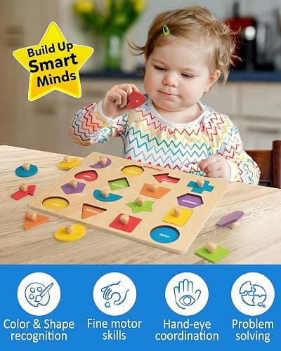 Coogam Montessori Toy Wooden Shape Peg Puzzle, Fine Motor Color Matching Sorting Board, Early Learning Educational Activity Toy Gift for Preschool Toddler Baby 3 4 5 Year Old thumbnail 7