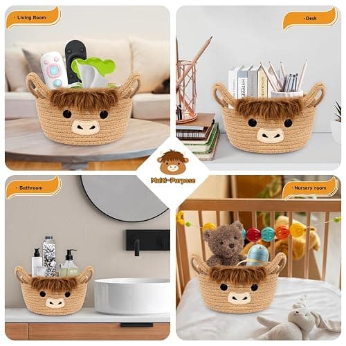 Hkojewp Highland Cute Cow Basket for Nursery, Small Shower Gift Basket, Round Woven Rope Cotton Storage, Baby Blanket 0rganizer with Ears Handles, Blanket Towel Decor Storage Bins, 10.7"D x 4.4"H in thumbnail 5