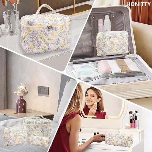 Makeup Bag,Quilted Cosmetic Bags,Large Floral Make Up Organize bag,Makeup Bag Set for Women,Flower Travel Toiletry Bag thumbnail 6