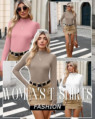 Oakgarden 3 Pack Women's Cotton Long Sleeve Mock Turtleneck Tops Ribbed Lettuce Trim Slim Fit Shirts Thermal Base Layer thumbnail 5
