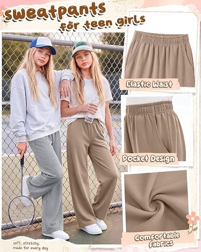 LessonZoo 3 Pack Girls Wide Leg Baggy Lightweight Sweatpants | Straight Leg Pull on Joggers, Open Bottom Pants with Pocket, Elastic Waist Stretchy Pant for School and Daily Wear, Ages 5-14 thumbnail 5