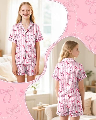 Nidoul Girls Pajamas Satin Pajama Set Silk Pjs Short Sleeve Button Down Summer Bow Sleepwear for Big Kids 7-14Y thumbnail 2