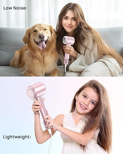 Hair Dryer, High-Speed Ionic Low Noise Blow Dryer with Brushless Motor for Fast Drying, Thermo-Control Quiet Compact Hair Blow Dryer with Magnetic Diffuser for Curly Hair for Home Travel Salon - Baby Pink thumbnail 7