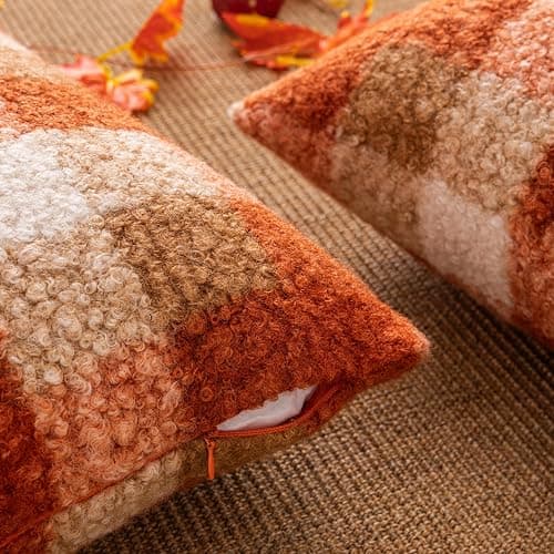 AQOTHES Plaid Fall Throw Pillow Covers Orange 18x18 Inch Set of 2 | Boucle Decorative Pillow Covers, Autumn Cozy Fluffy Home Farmhouse Decor, for Living Room Sofa Couch Bed, Holiday Decorations thumbnail 6