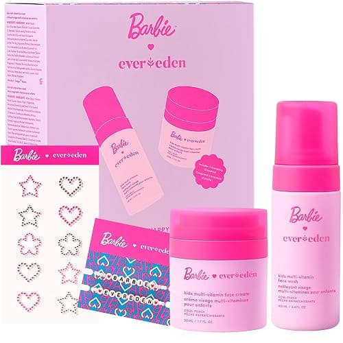 Evereden Barbie Limited Edition Kids Happy Face Duo + Exclusive Accessories | Multi-Vitamin Face Wash & Cream Set with Stickers + Bracelets | Clean Skin Care for 3+ | Barbie Gift Box for Kids - Image 1