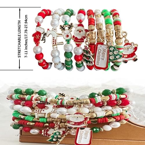 Bovemee Christmas Bracelets for Women Holiday Party Favors | Set of 8, Adjustable Fit, Festive Charms, Stocking Stuffers, Red & Green Beads thumbnail 4