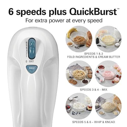 Hamilton Beach 6-Speed Electric Hand Mixer with Whisk, Traditional Beaters, Snap-On Storage Case, 250 Watts, White thumbnail 5