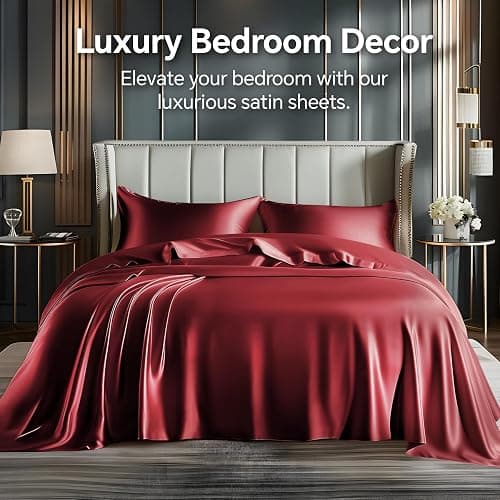 BEDELITE Satin Sheets Twin Size Bed Set, Luxury Soft Burgundy Silky Sheets for Hair and Skin, Similar to Silk Bed Sheets Set 3 Pieces with 1 Deep Pocket Fitted Sheet, 1 Flat Sheet, and 1 Pillowcase - Twin - Burgundy thumbnail 2