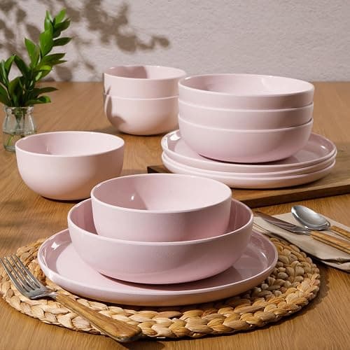 Gibson Home Candy Skies 12 Piece Unbreakable Wheat Straw Melamine Plates and Bowls Dinnerware Set - Outdoor, Camping, & Everyday Use - Matte Exterior/Shiny Interior Pink thumbnail 4