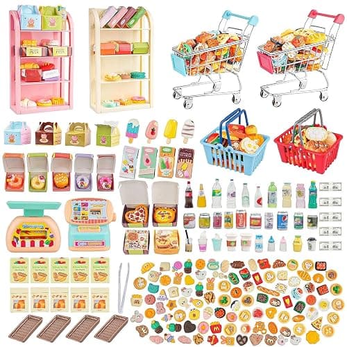 196Pcs Mini Shopping Cart Basket Trolley Grocery Game Model Miniature Drink Bottle Food Pizza with Box Supermarket Metal Handcart Toy Doll House Store Cosplay Pretend Kitchen Shelf Cash Register - Image 1