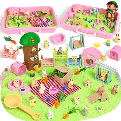 KNASON Rabbit and Hamster Sensory Bin,Play Sand Kit for Girls and Boys with 2.2lbs Sensory Sand and Box,Pet Sandbox Toys Role Pretend Play Beach Toy Birthday Present for Toddler Ages 3 4 5 6 7 8 - Image 1