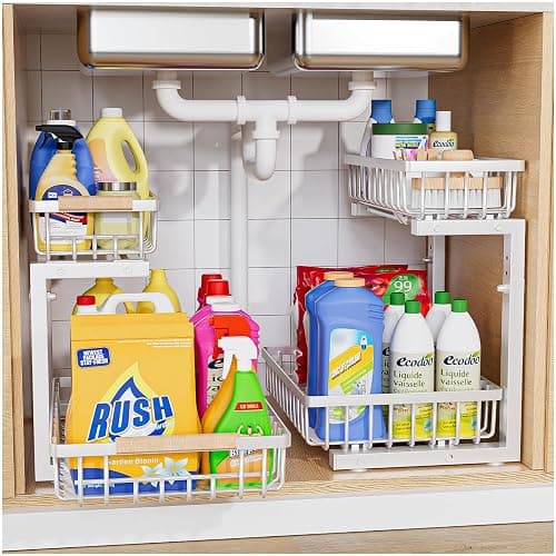 ENRUNEST Under Sink Organizer,2 Pack Under Kitchen Sink Organizer,2 Tier Sliding-Out,5 Level Height Adjustable,Thickened Carbon Steel,Anti-rust Treatment,For Kitchen Bathroom White - Image 1