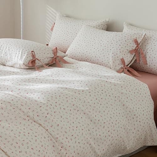 mixinni Boho Floral Comforter Sets Full Size Soft Fluffy Bed Set Green Leaves Dusty Rose Pattern on White Comforter Set, 3 Pieces Cute Floral Bedding Set with 2 Bow Tie Pillowcases for All Season - Full (80"x90") - C#bowknot-pink Flower thumbnail 2