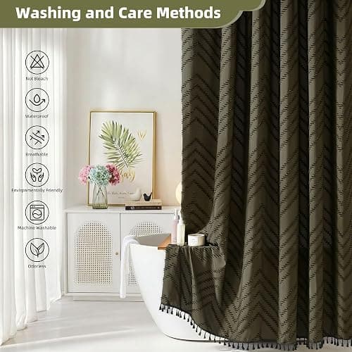 Siiluminisoy Long Shower Curtain Olive Green Boho Shower Curtain with Tassel for Bathroom, 72 x 78 Woven Fabric Modern Textured Tufted Chevron Striped, Machine Washable thumbnail 6