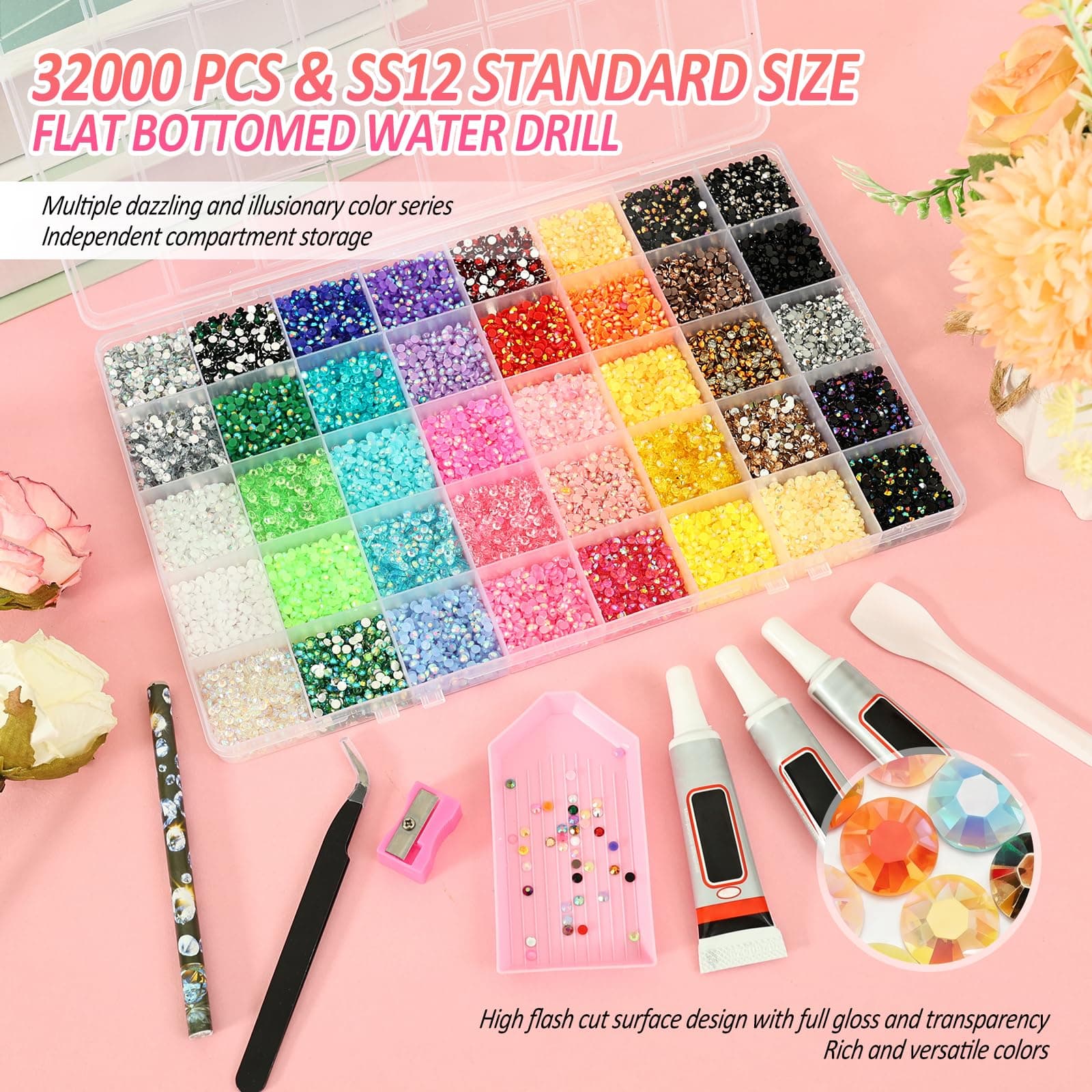 Bedazzling Tool Kit with 32000 Pcs 40 Colors 3mm Flat Back Rhinestones, Includes Rhinestone Tray, Glue and Full Accessories for DIY Craft Nail Art Shoes and Diamond Art (06: 32000 Pcs 3mm 40 Colors) thumbnail 3