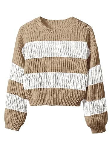 BEAUDRM Girl's Striped Sweater Cute Sweaters Long Sleeve Drop Shoulder Pullover Knit Tops - Image 1