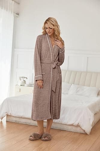 Ekouaer Womens Robe Long Bathrobe Lightweight Soft Knit Kimono Robes Ladies Casual Sleepwear S-3XL thumbnail 2