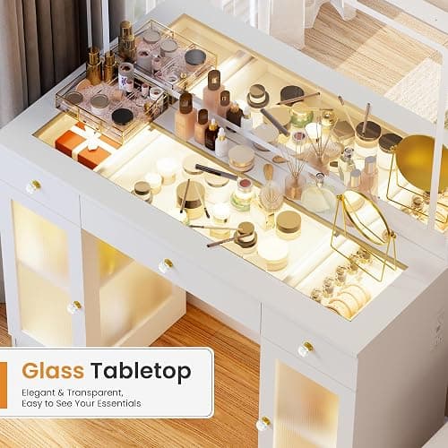 Pamapic Makeup Vanity Desk with Mirror and Lights, LED Light Strip Vanity with Glass Top, Crystal Knobs and Translucent Cabinet Doors, 3 Lighting Modes White Vanity with 3 Drawers thumbnail 4