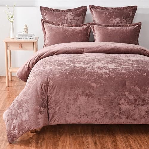 Fredsure Distressed Velvet Comforter Set, 5 Pieces Dusty Mauve Queen, Distressed Velvet Face and Brushed Microfiber Reverse thumbnail 2