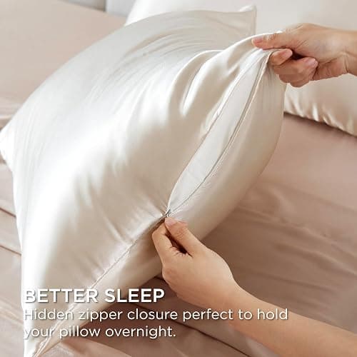 Bedsure Satin Pillowcase with Zipper, Similar to Silk Pillow Cases 2 Pack, Silky & Soft Satin Pillow Case Standard Size for Hair and Skin, Christmas Room Decor Gifts for Women Men, Beige, 20x26 Inches thumbnail 3