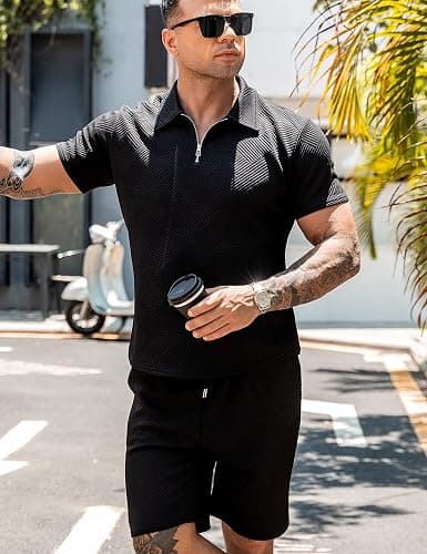URRU Men's Polo Shirt and Shorts Set Summer Outfits Fashion Casual Short Sleeve Polo Suit for Men 2 Piece Short Set thumbnail 7