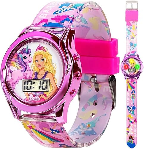 Mattel Barbie Kids Digital LCD Watch with Curved Bezel, Flashing Dial Lights and Printed Pink Strap Featuring Barbie and Unicorn Graphics Ages 4+ Fits Wrists 5.5"-8" - Image 1