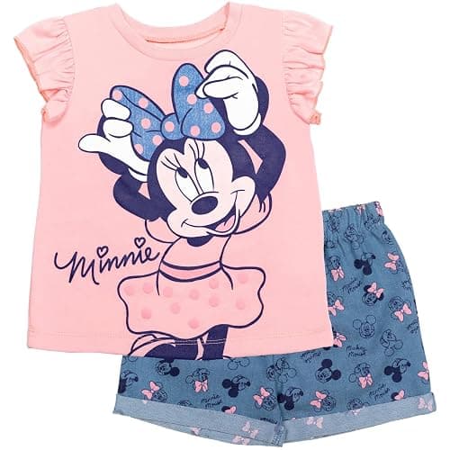 Disney Minnie Mouse Rainbow Floral T-Shirt and Chambray Shorts Outfit Set Infant to Big Kid Sizes (12 Months - 14-16) - Image 1