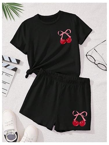 RoseSeek Girl's 2 Piece Outfits Cherry Bow Graphic Tee Shirt and Shorts Set Cute Summer Outfits thumbnail 3