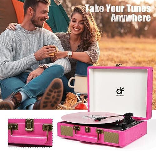 Vintage Bluetooth Suitcase Record Player with Built-in Speakers, 3 Speed Portable Turntable with USB Vinyl Audio Recorder RCA AUX-in & Headphone Jack (Pink) thumbnail 6