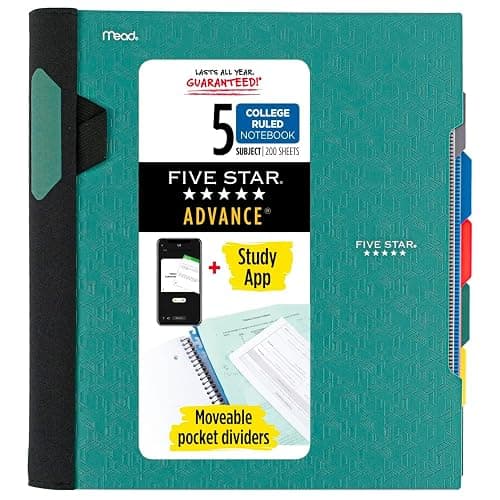 Five Star Advance Spiral Notebook + Study App, 5 Subject, College Ruled Paper, 8-1/2" x 11", 200 Sheets, Spiral Guard, Movable Tabbed Dividers, Seaglass Green (73148) - Image 1