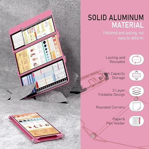 Nursing Clipboard Foldable, Foldable Clip Board w/Nursing Edition Cheat Charts, 3 Layers Aluminum, Nurse Plank w/Low Profile Clip&Pen Clip Pocket for Students, Nurses and Doctors, Pink thumbnail 3