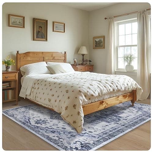 Washable Rug Living Room Rugs: 6x9 Area Rug Large Soft Boho Vintage Medallion Carpets Indoor Floor Anti Slip Non-Shedding Thin Carpet for Bedroom Dining Room Farmhouse Nursery Home Office-Blue/White thumbnail 4