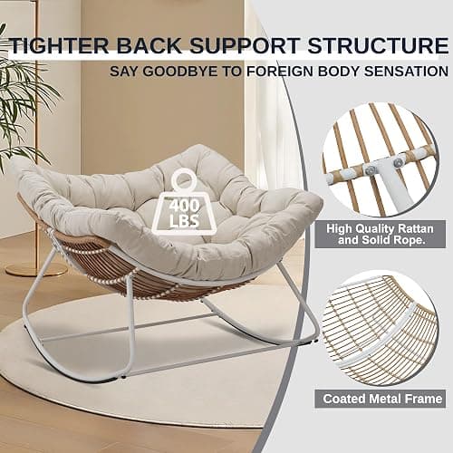 ZJEYEJZ Outdoor Rocking Chair, Oversized Rattan Papasan Rocking Chair, Patio Wicker Egg Chair with Padded Cushion, Rocker Egg Chair for Living Room, Patio, Front Porch, Backyard thumbnail 6