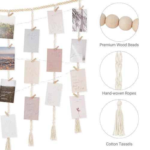 Mkono Macrame Hanging Photo Display Wall Decor with String Lights, Boho Wooden Beads Garland Collage Picture Card Frame Holder with 45 Clips for Bedroom Living Room Dorm, Teen Girls Christmas Gifts thumbnail 7