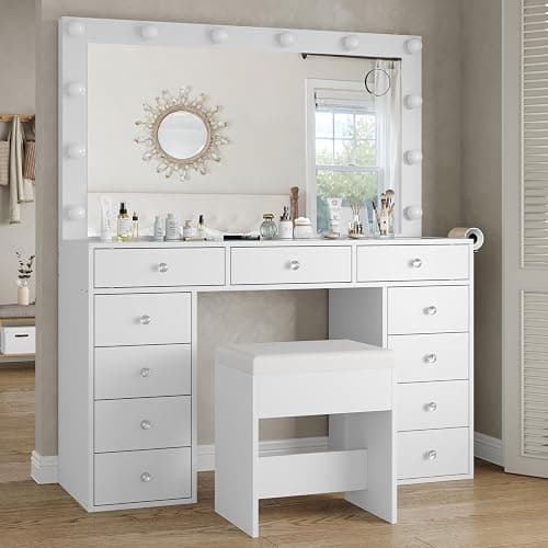 Yanosaku Vanity Desk & Power Outl, Makeup Vanity with Mirror and 12 LED Lights, Makeup Table with 11 Drawers, Vanity Table with Chair,Set 3 Lighting Modes Brightness Adjustable-(White) thumbnail 3