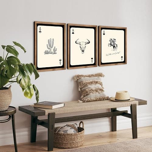 flangairy 3 Piece Western Wall Art Framed, 15.7×11.8 In Wooden Cowgirl Longhorn Bull Skull Cactus Wall Decor, Playing Card Themed Southwestern Rustic Farmhouse Decorations for Home Bedroom Living Room thumbnail 4